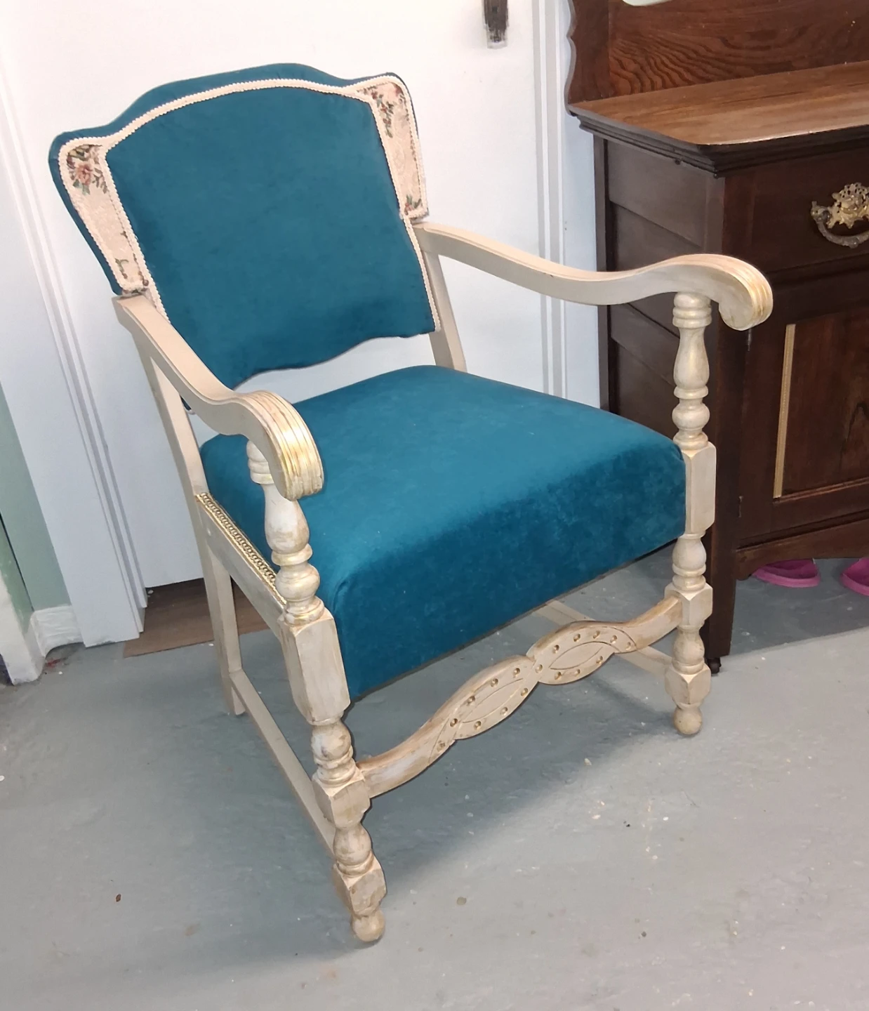 Teal Accent Chair with Floral Tapestry