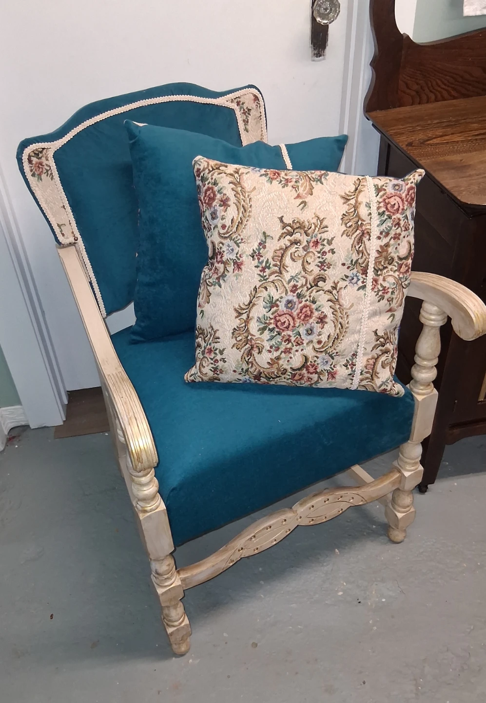 Teal Accent Chair with Floral Tapestry - photo 2