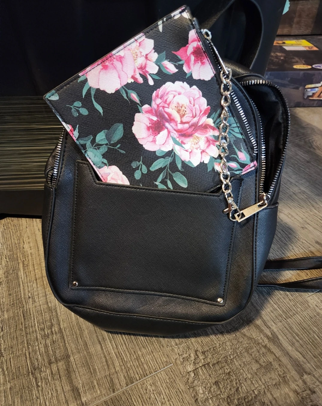 Black Mini Backpack with Floral Pouch