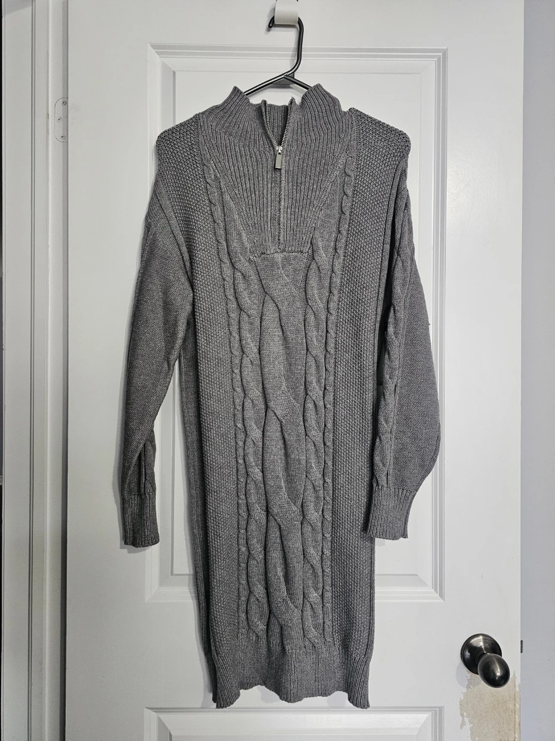 Grey Cable Knit Quarter-Zip Sweater Dress