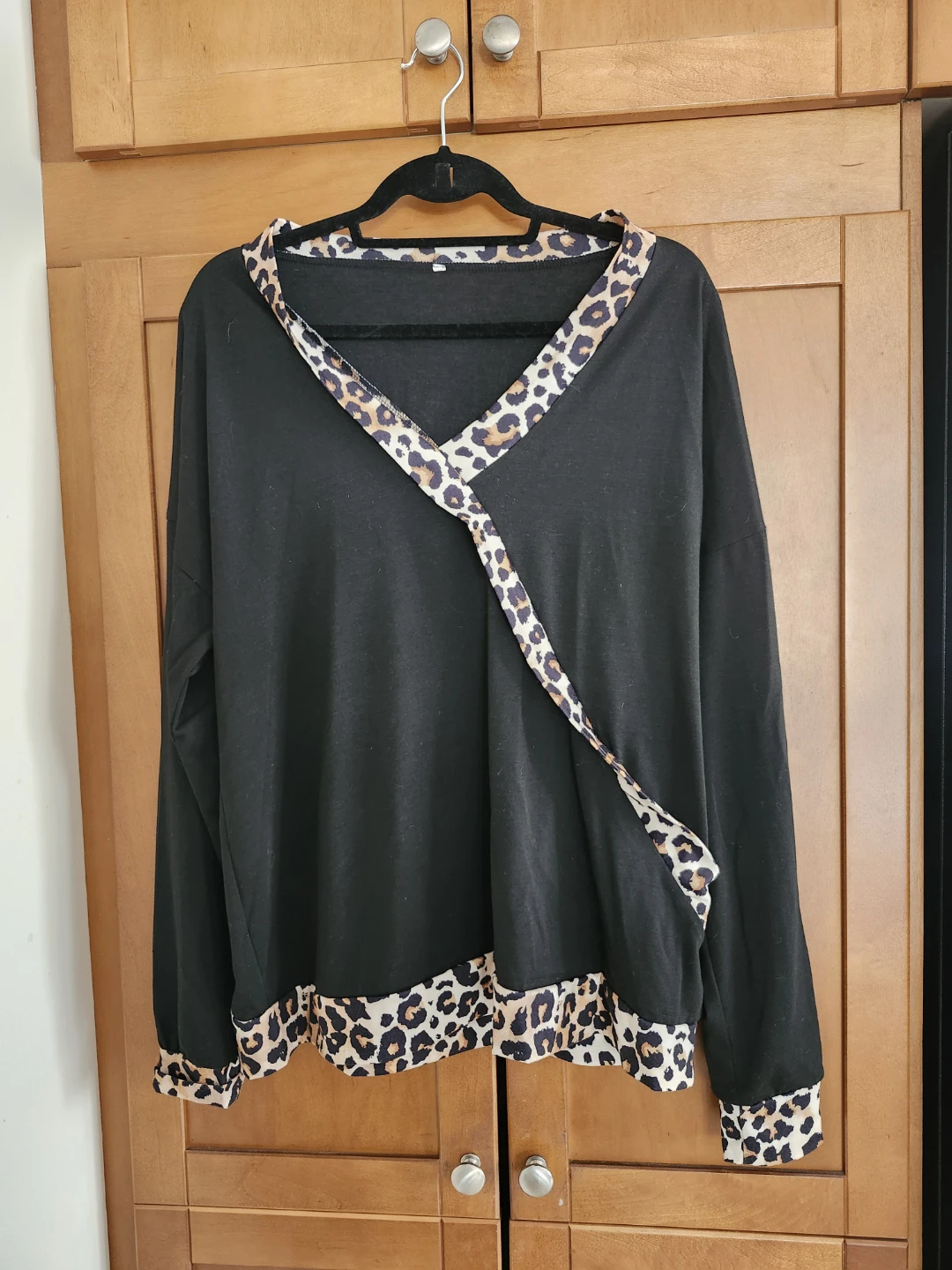 Black Long Sleeve Top with Leopard Print Trim