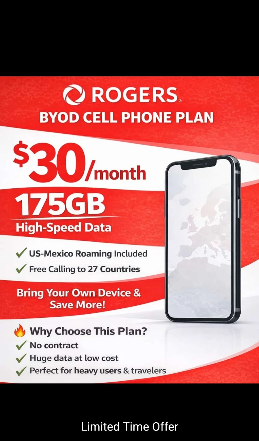 Rogers $30/month BYOD Cell Phone Plan - 175GB High-Speed Data