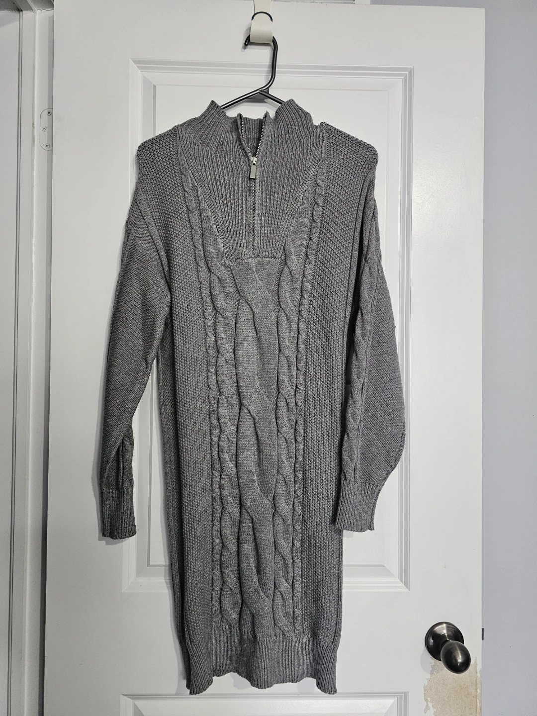 Grey Cable Knit Quarter-Zip Sweater Dress - photo 2