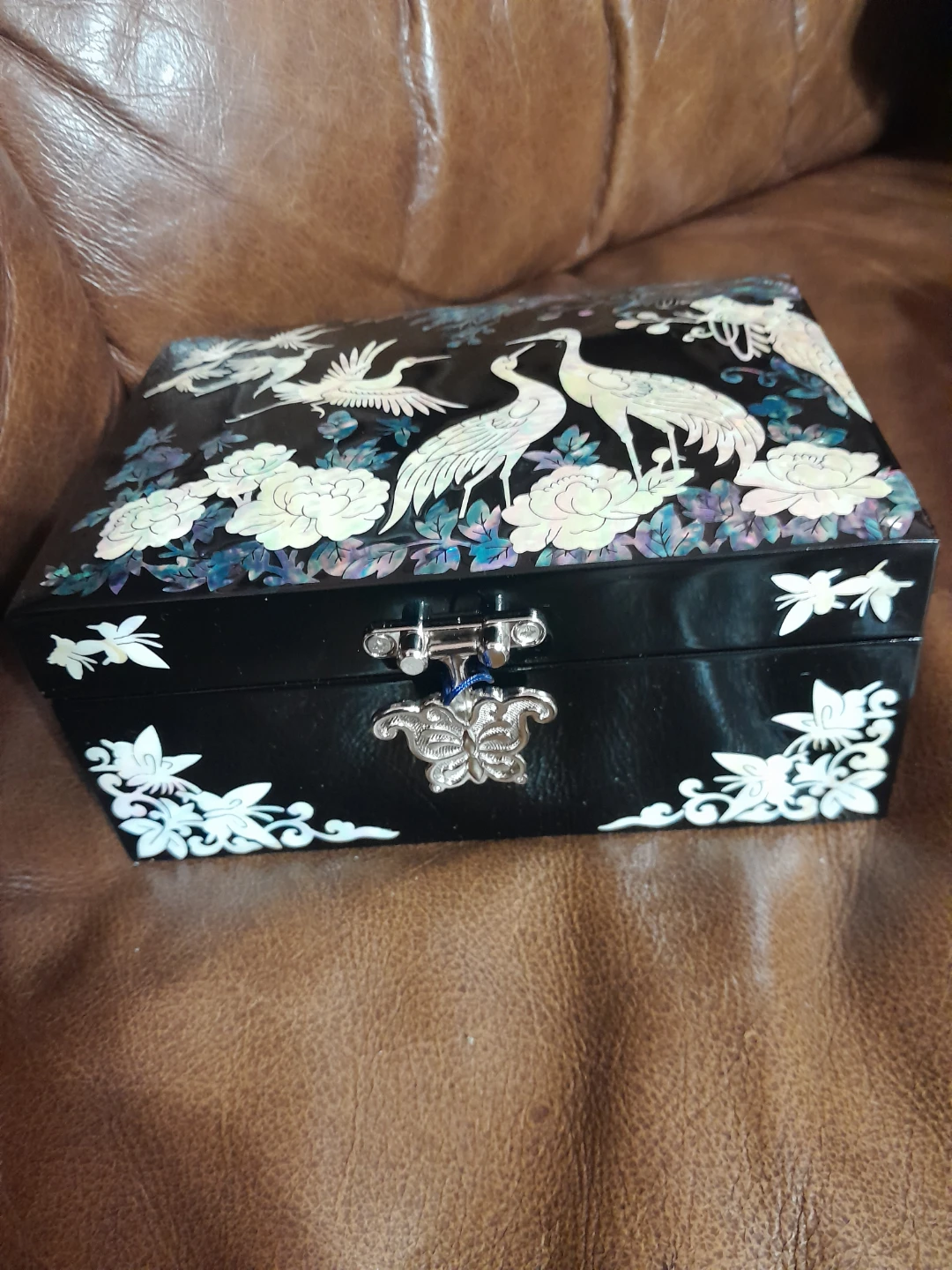 Decorative Black Lacquer Jewelry Box with Crane Design