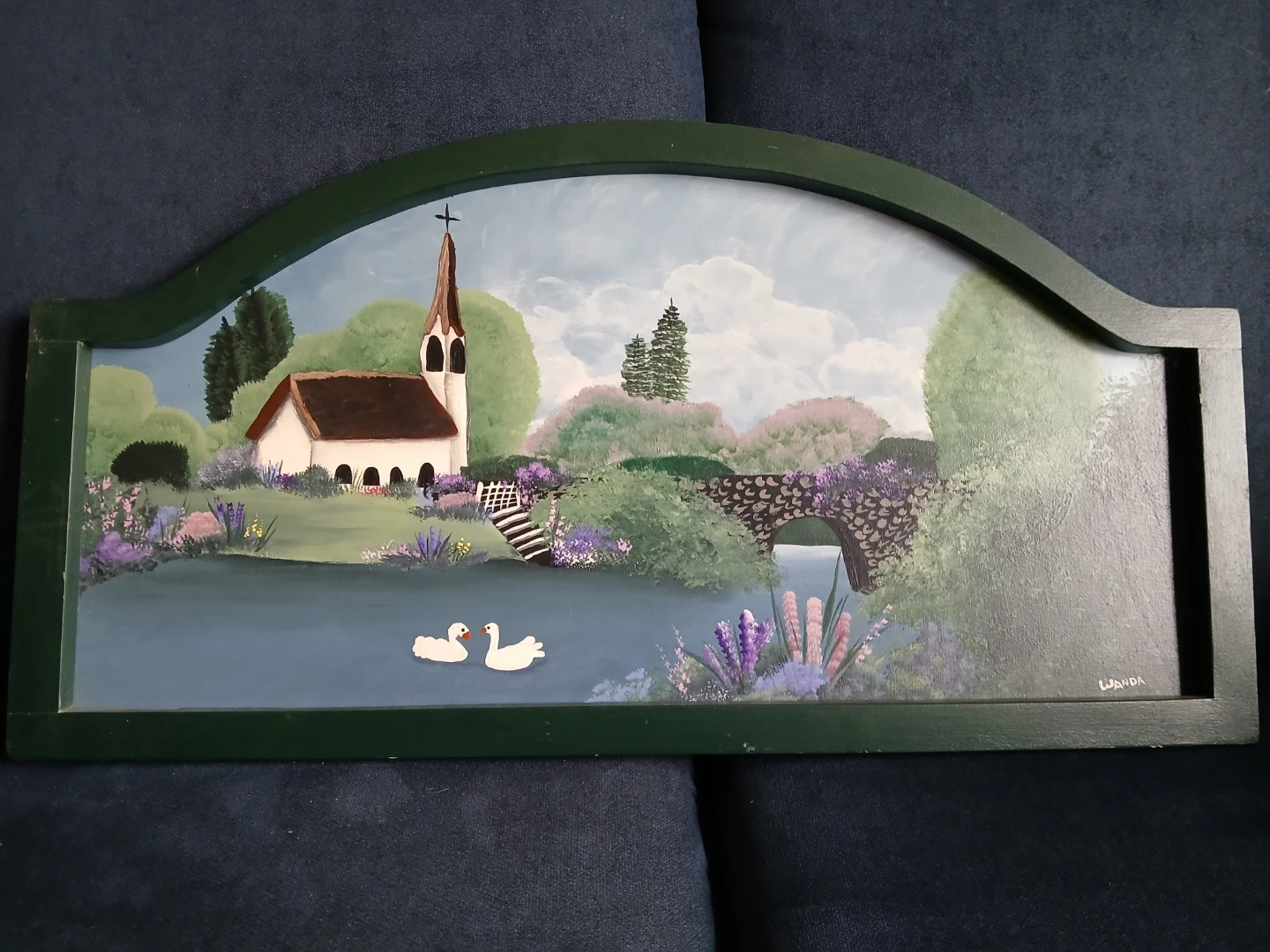 Wanda Signed Landscape Painting with Church and Swans - photo 3