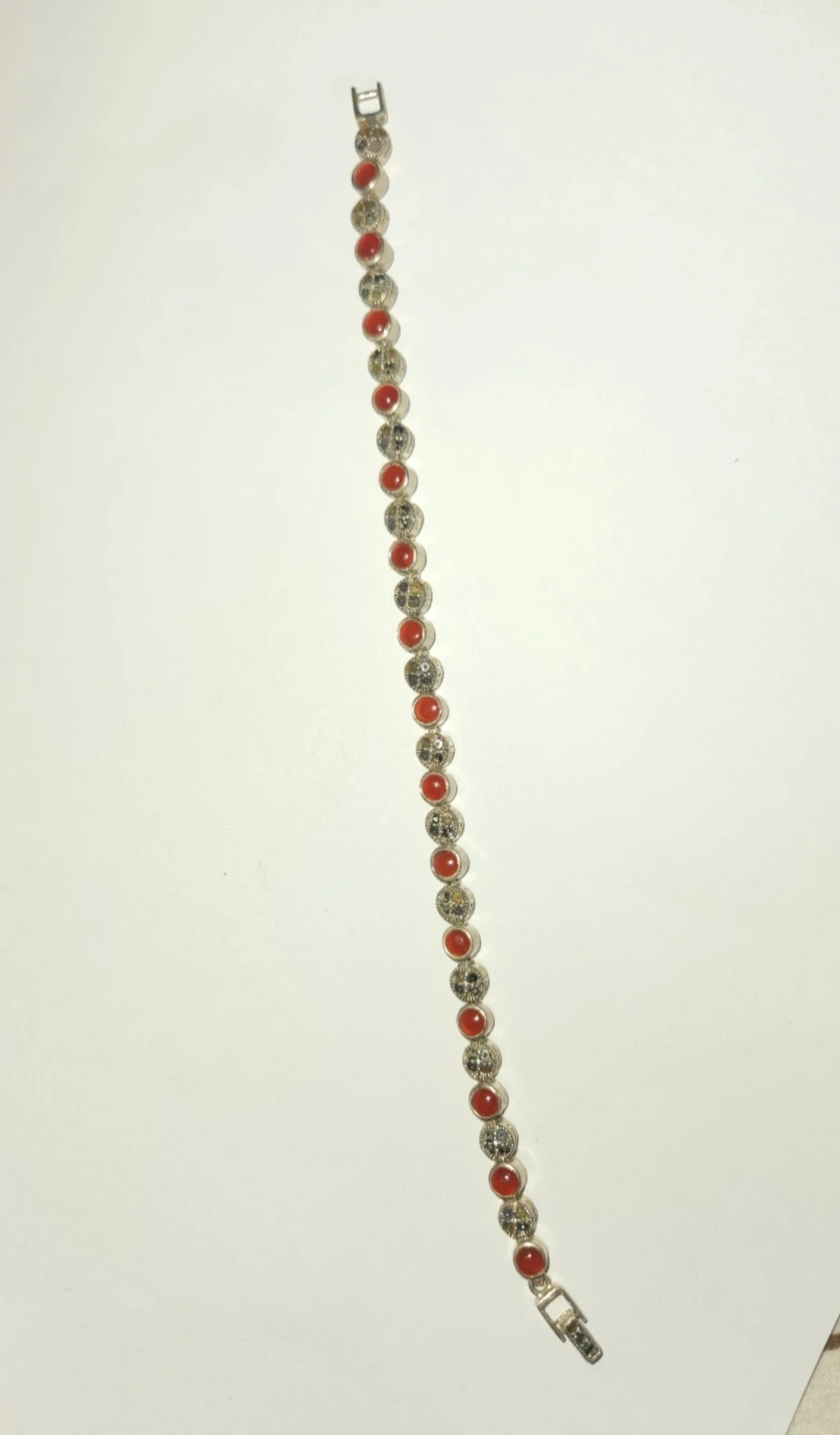Beautiful Vintage 925 Silver Bracelet – Red Stones, 7”