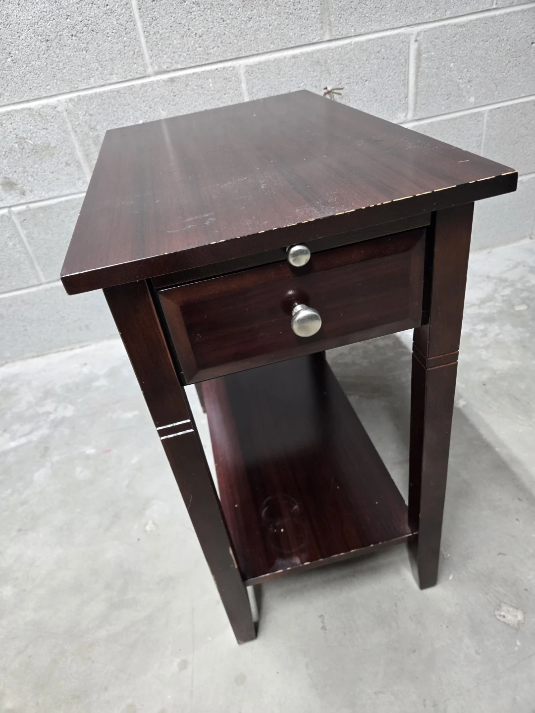 Dark Wood End Table with Drawer and Shelf