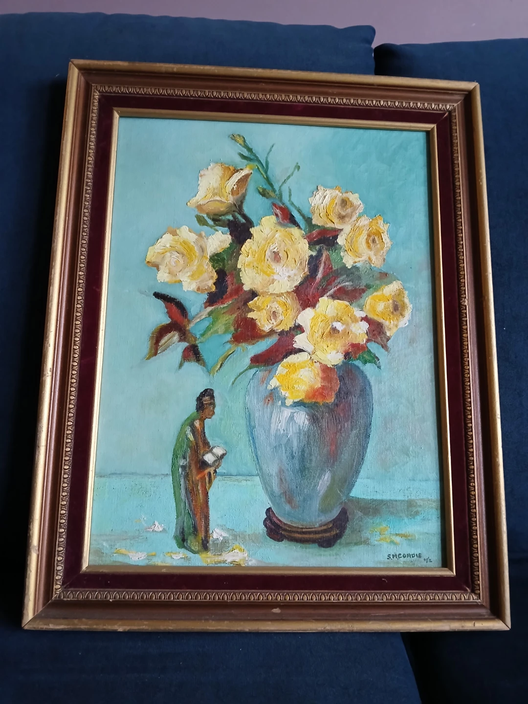 Framed Oil Painting of Yellow Roses with Figure