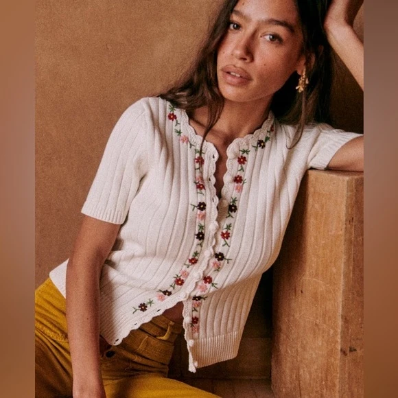 Sezane White Embroidered Floral Knit Cardigan