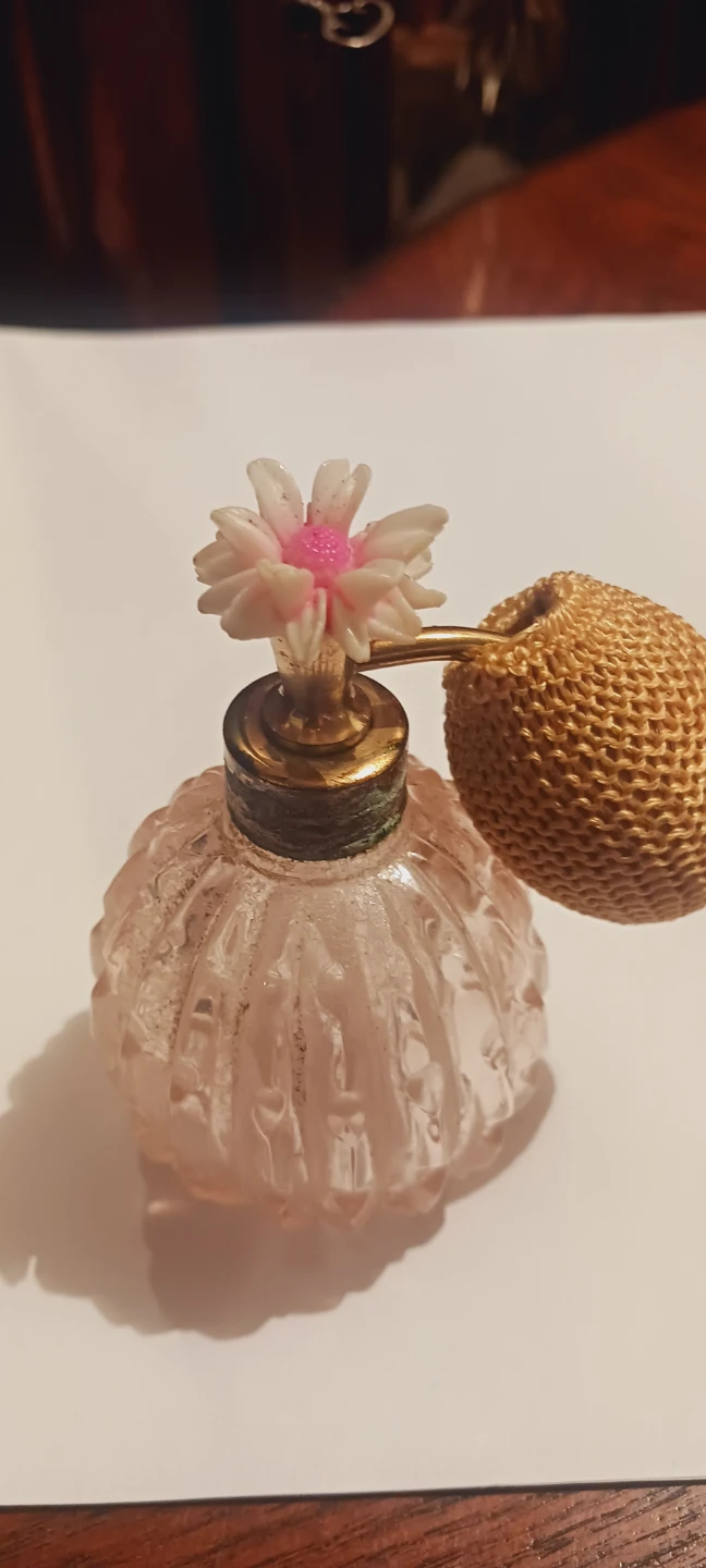 Vintage Pink Glass Perfume Atomizer Bottle with Flower Accent - photo 2