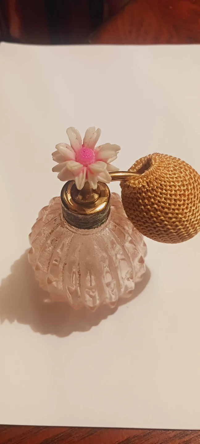 Vintage Pink Glass Perfume Atomizer Bottle with Flower Accent - photo 3