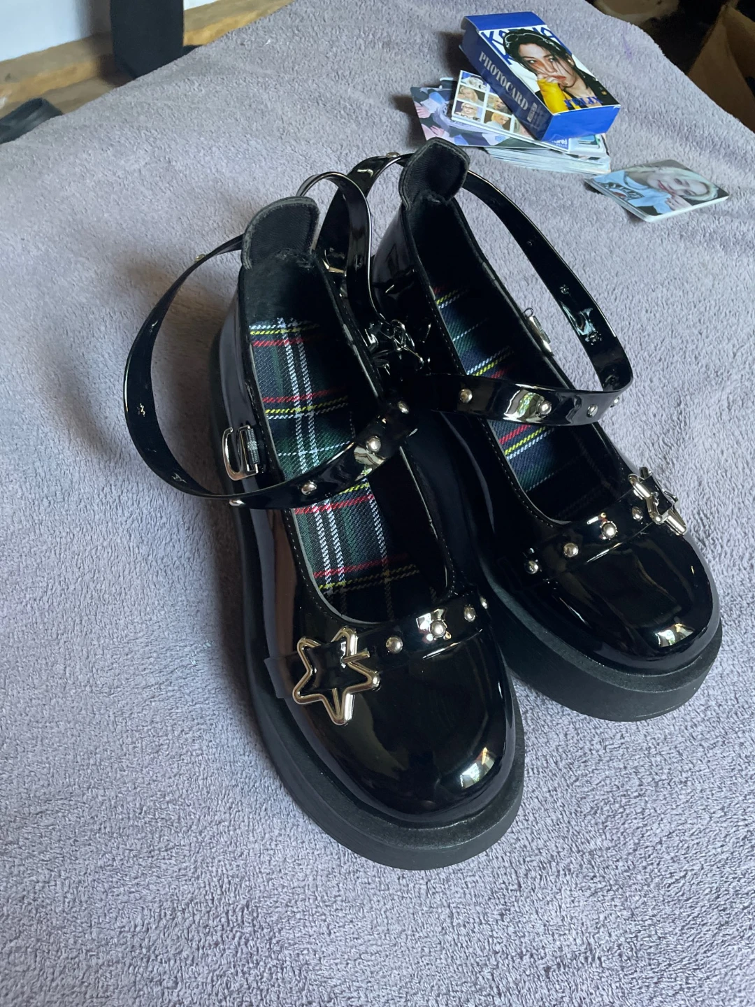 Black Patent Mary Jane Platform Shoes with Star Embellishments