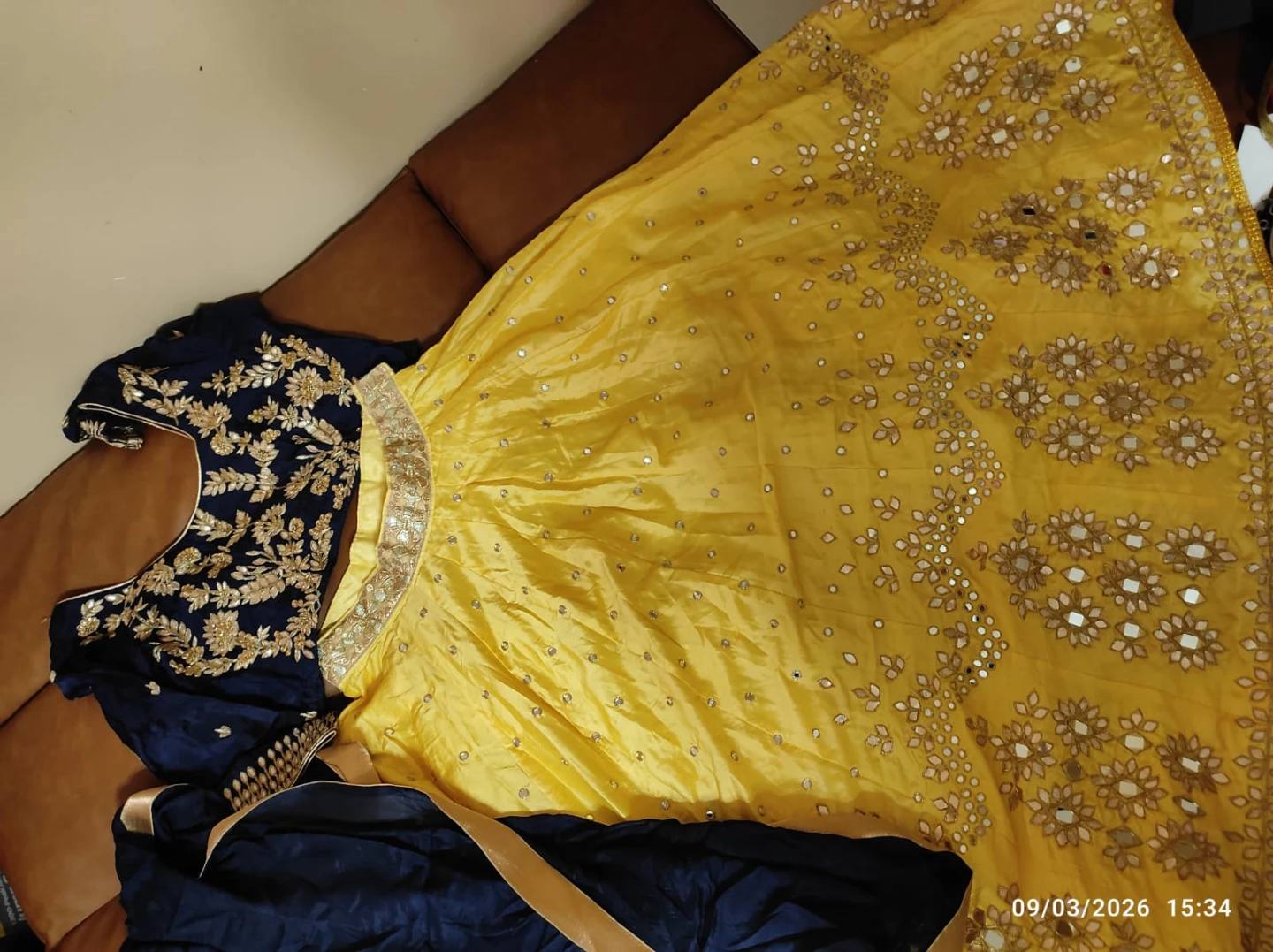 Yellow and Navy Blue Embroidered Lehengas with Mirror Work