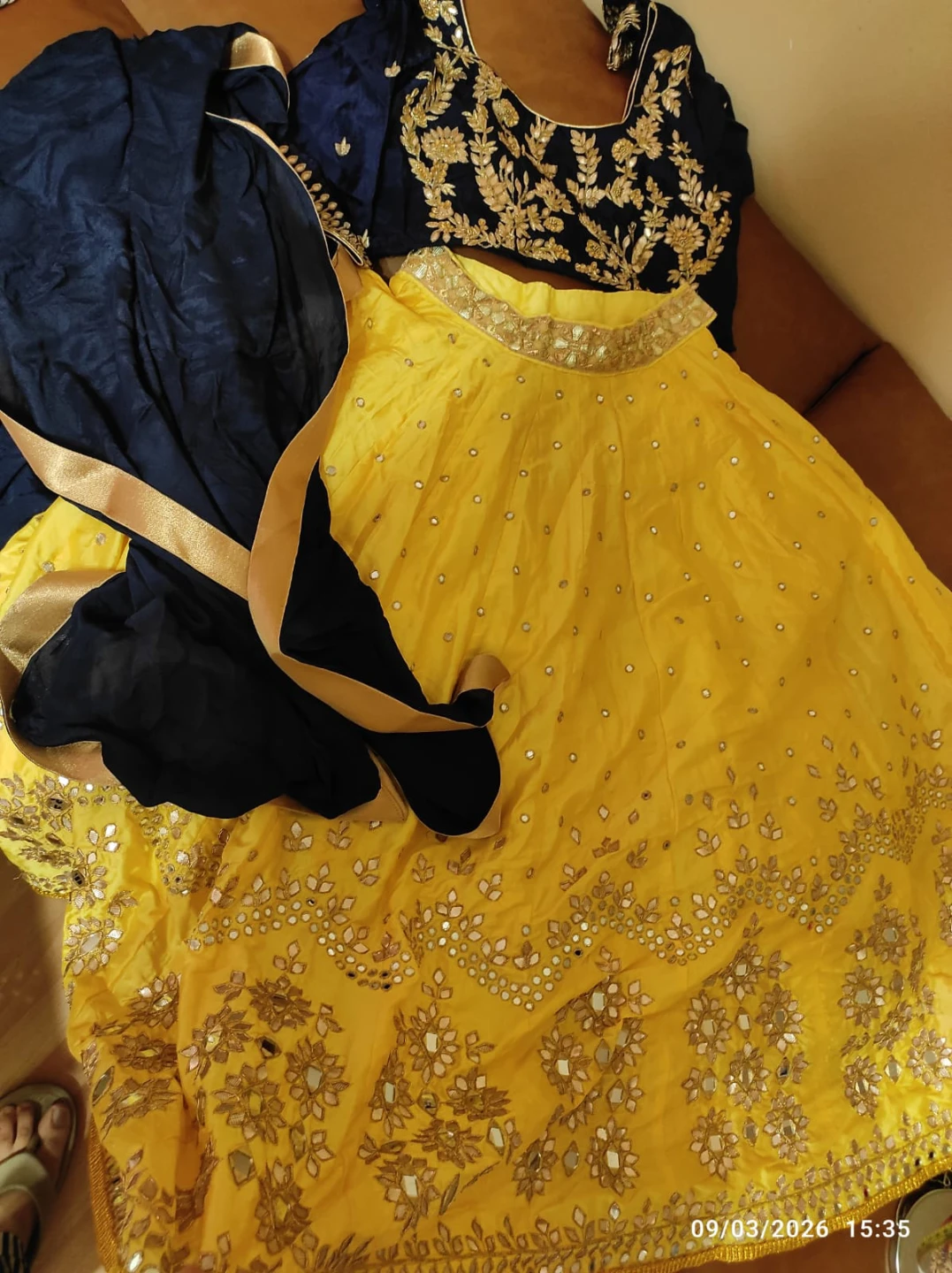 Yellow and Navy Blue Embroidered Lehengas with Mirror Work - photo 2