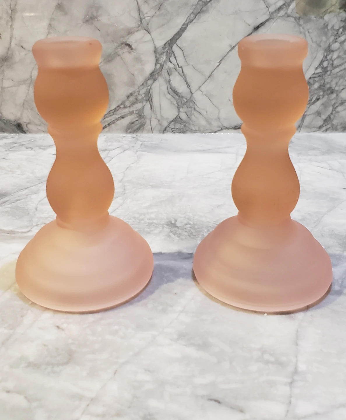 Set of 2 Frosted Pink Glass Candlesticks
