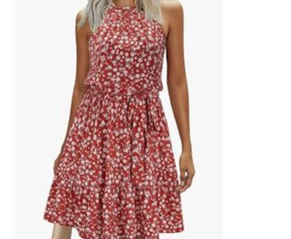 Women's Red Floral Halter Neck Dress