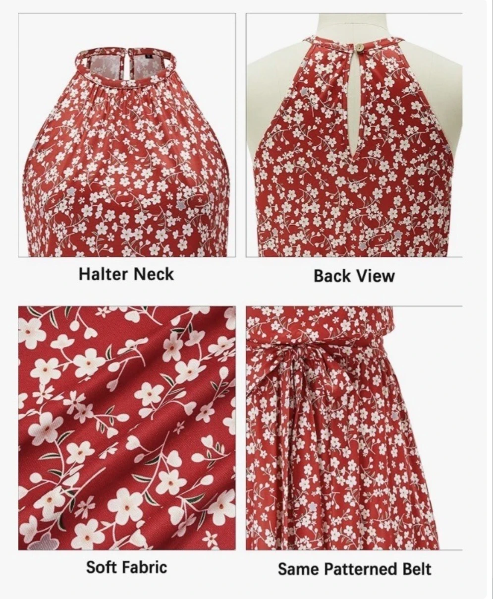 Women's Red Floral Halter Neck Dress - photo 2