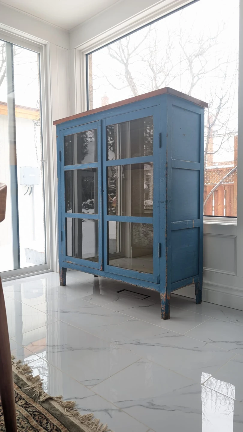 Vintage Blue Wood and Glass Display Cabinet