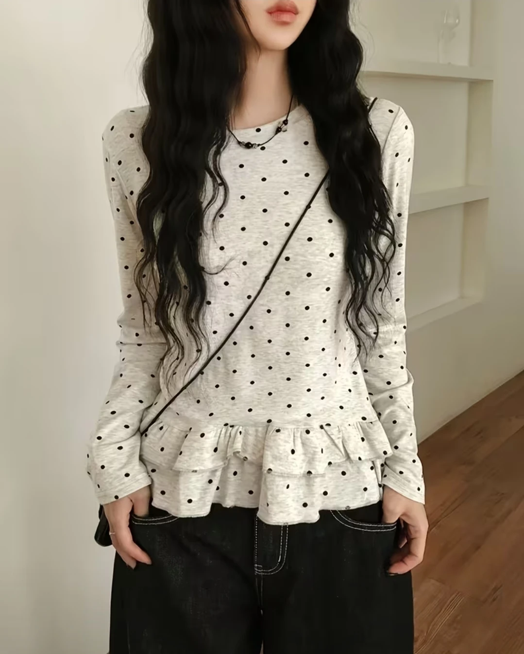 Long Sleeve Polka Dot Ruffle Top