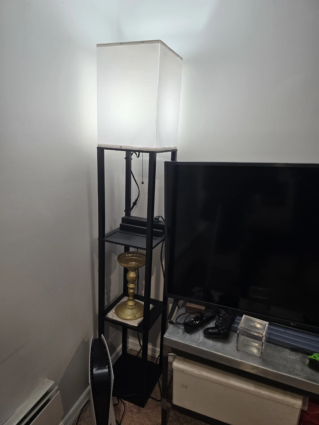 Black Shelf Floor Lamp with Built-in Outlet