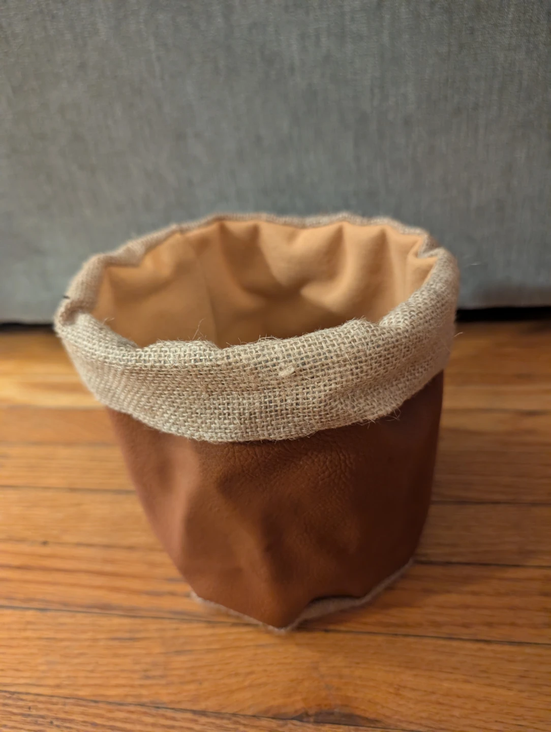Burlap and Faux Leather Storage Basket