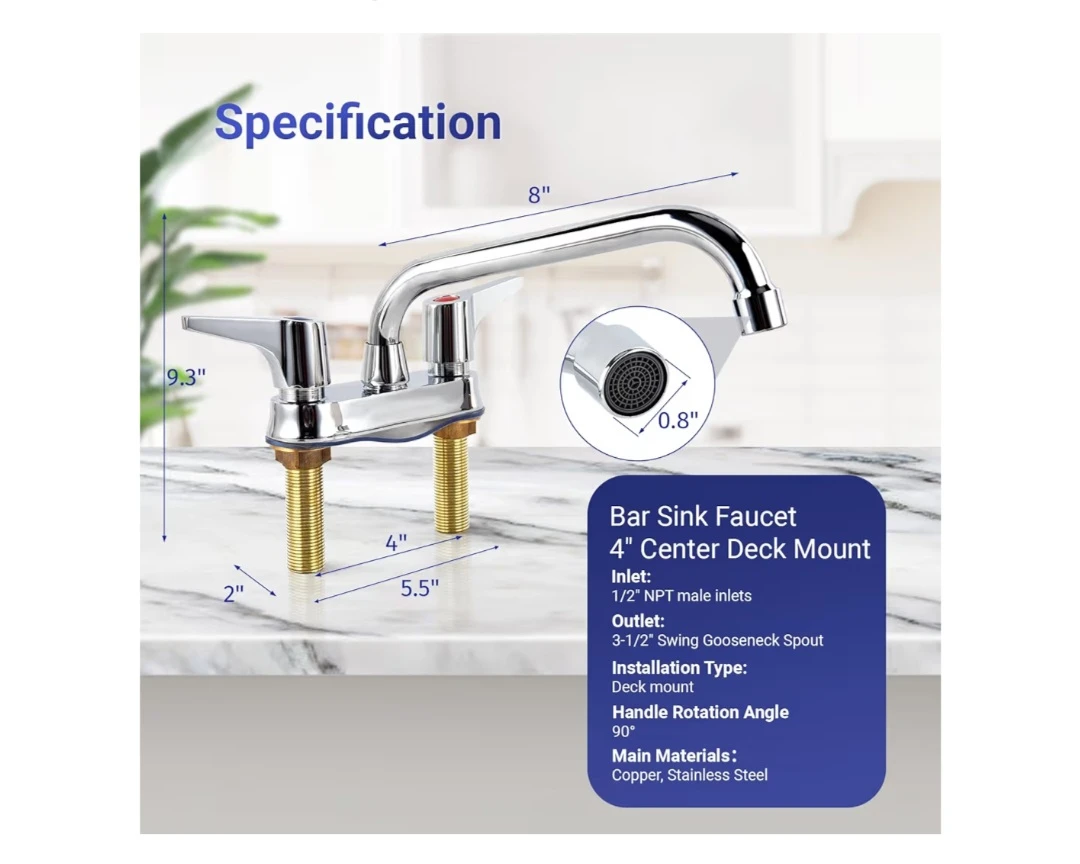 Commercial Bar Sink Faucet，4 inch 2Hole Deck Mount, Brass - photo 3