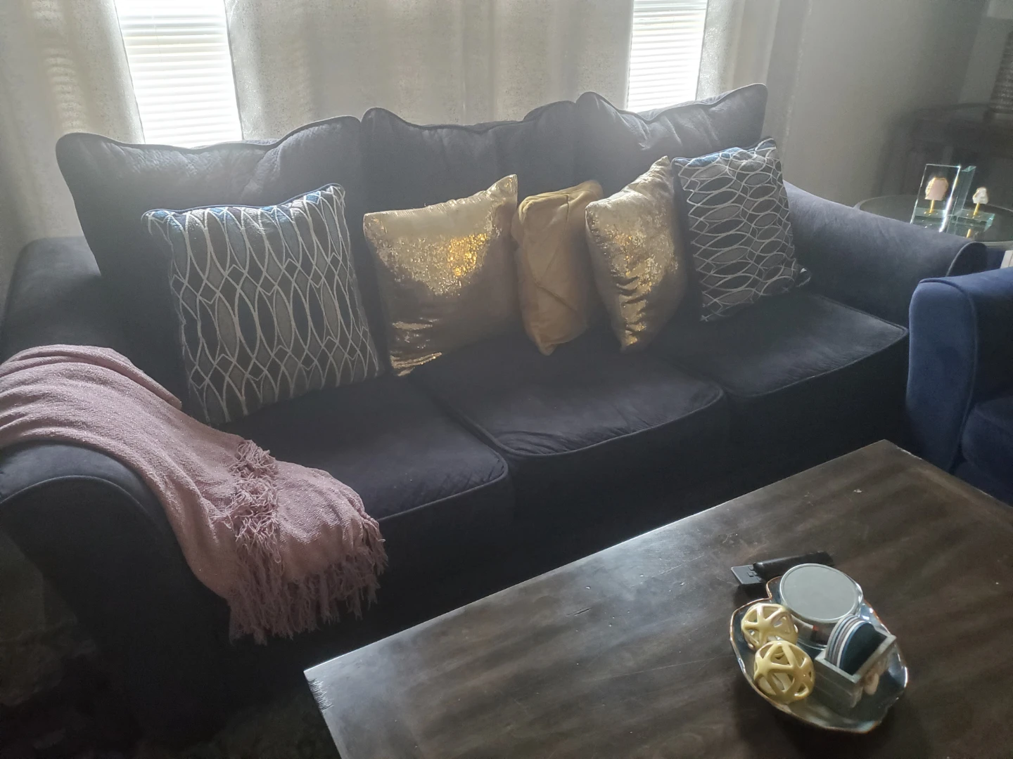 Navy Blue Velvet Sofa and Loveseat
