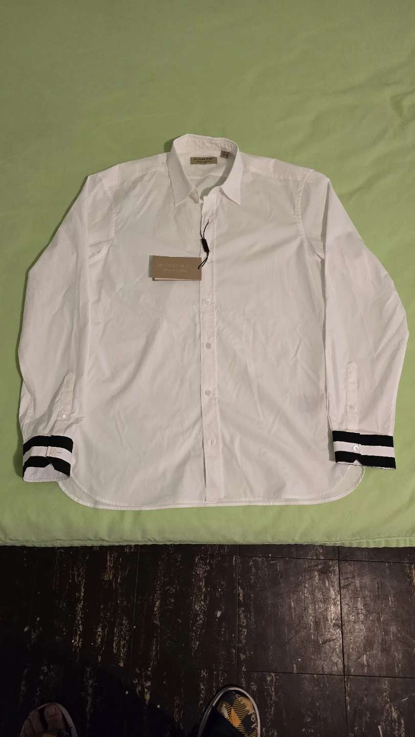 Burberry White Long Sleeve Shirt with Striped Cuffs