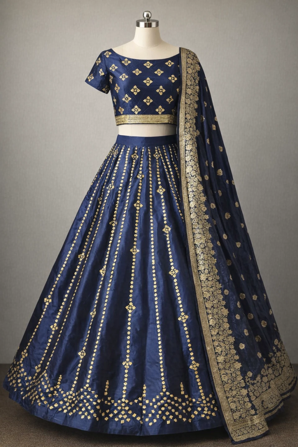 Navy Blue Embroidered Lehenga Choli with Dupatta