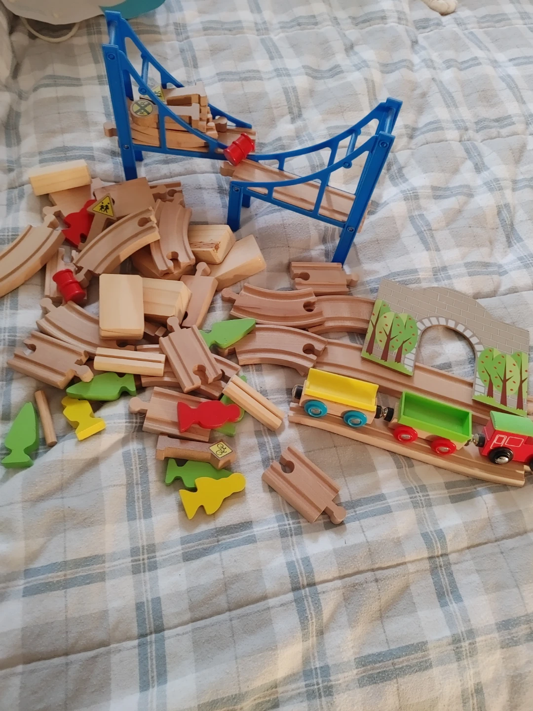 Wooden Train Track Set with Bridge and Accessories