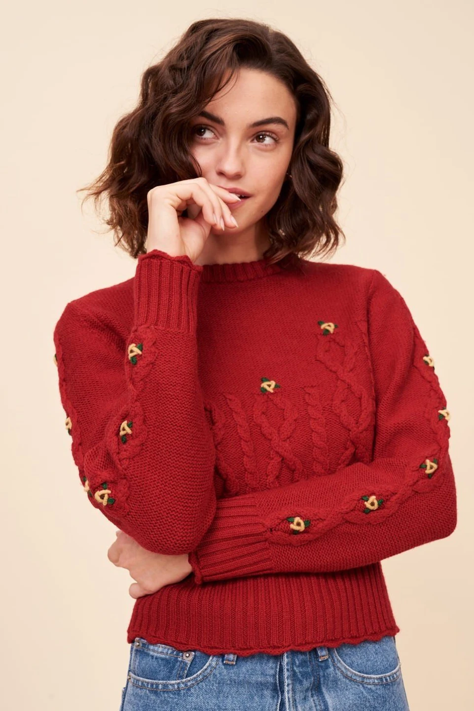 Rouje Paris Red 100% Merino Wool Cable Knit Sweater Size 36
