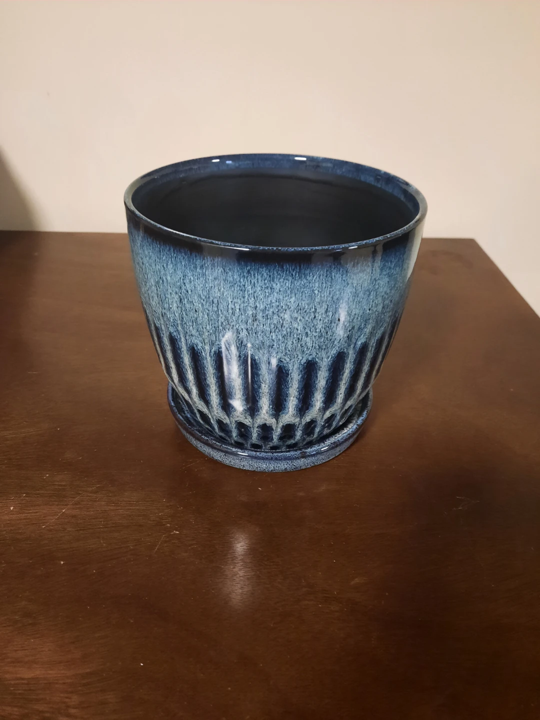 Blue Ceramic Planter with Saucer 6" tall