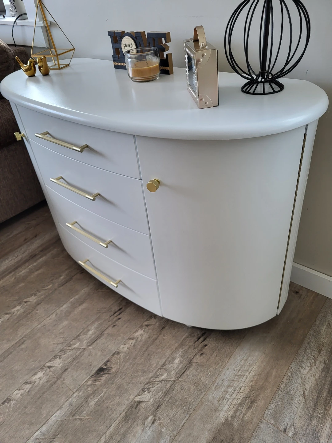 White Curved Dresser with Gold Hardware
