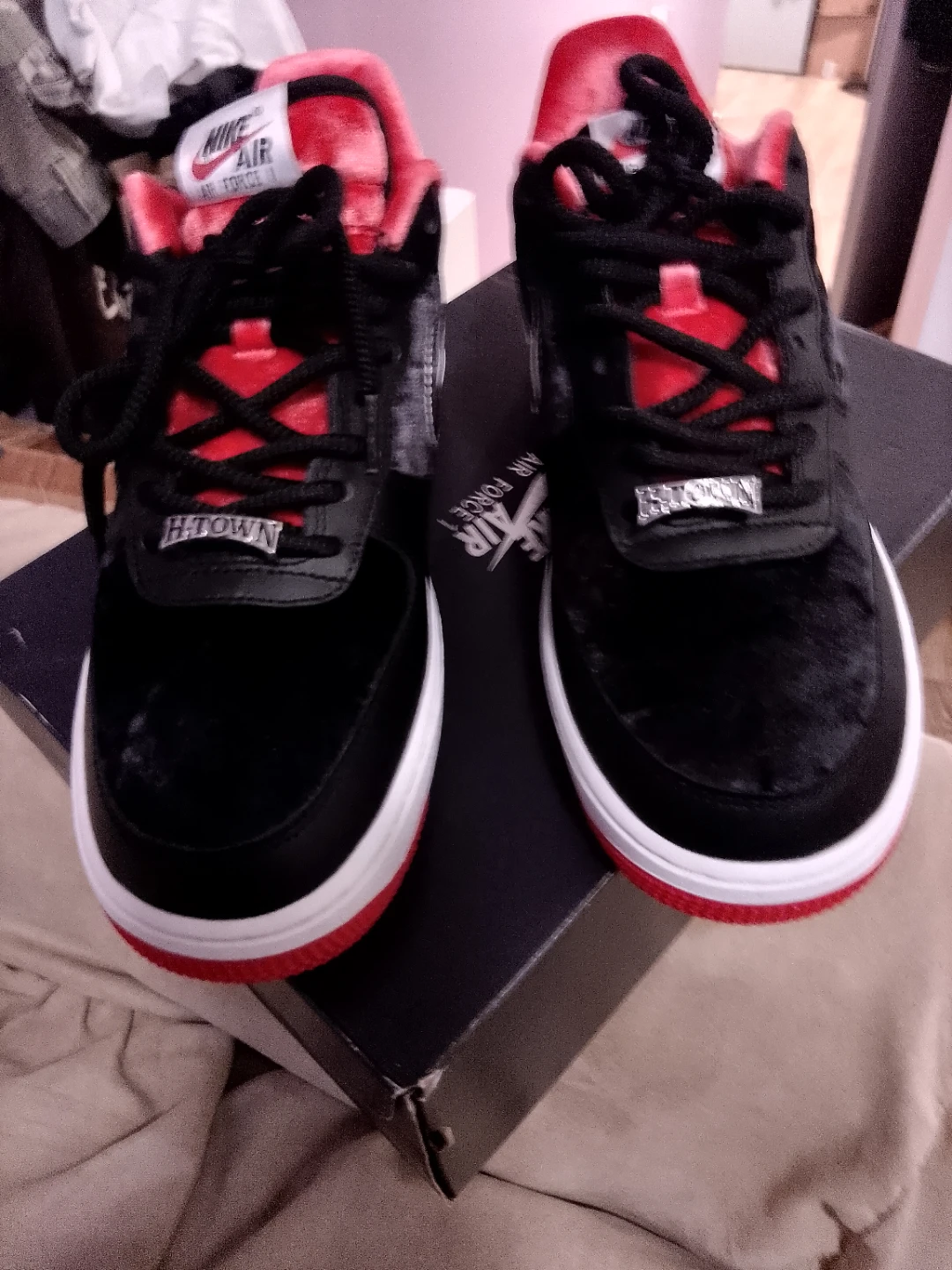Nike Air Force 1 Low "H-Town" Black Velvet Red Bottoms - photo 5