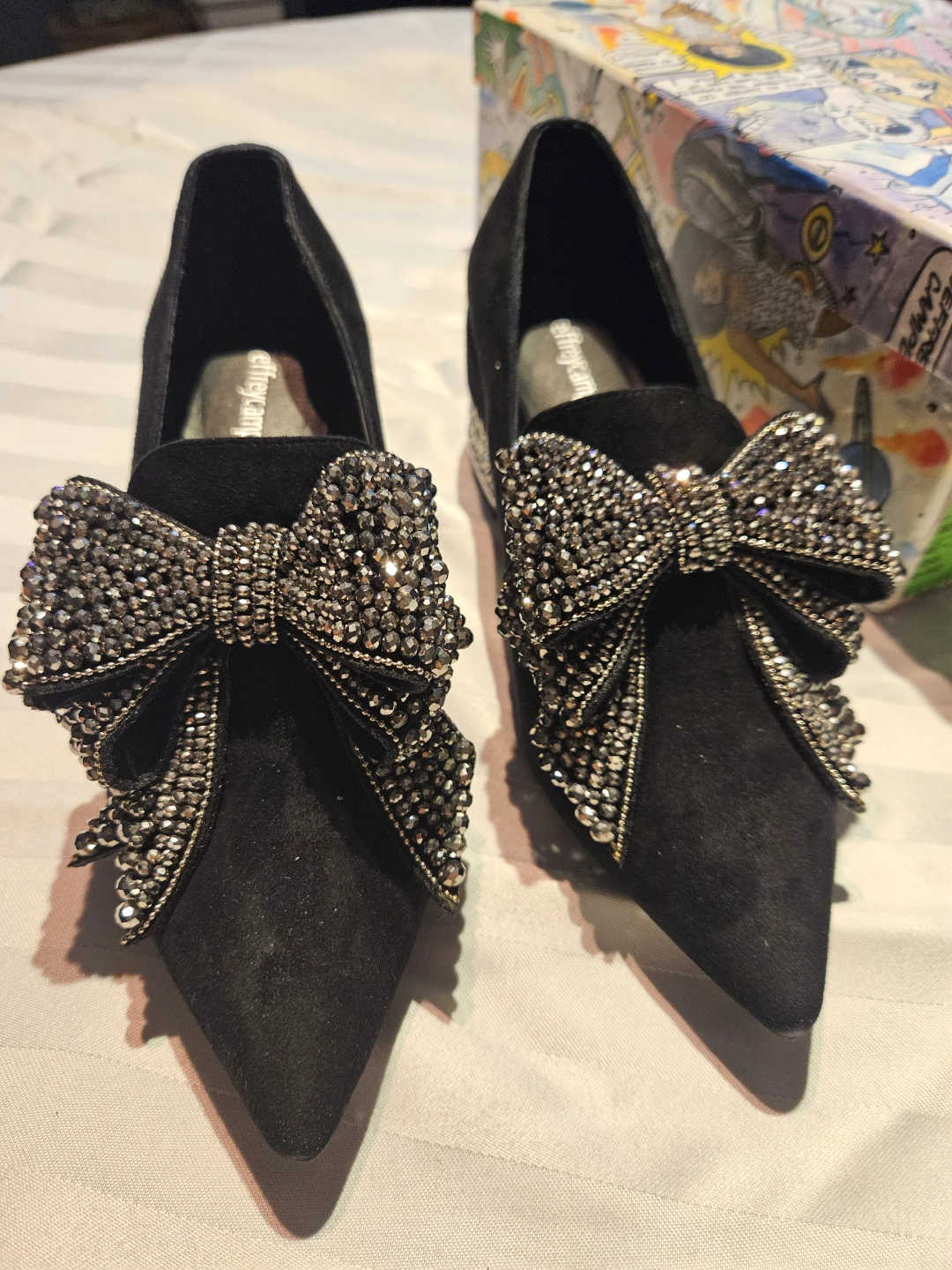 Black Suede Pewter Shoes with Crystal Bows - Size 7 - photo 2