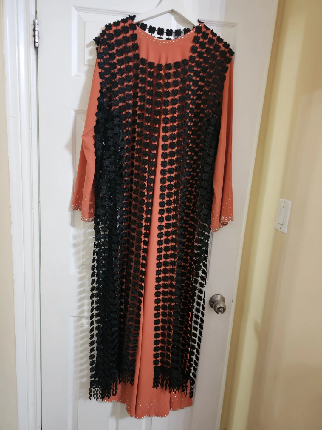 Orange Abaya with Black Embellishment and Scarf - photo 2