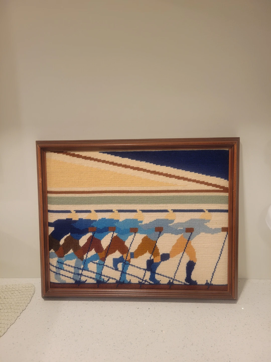 Mid Century Framed Ski Scene Needlepoint Art