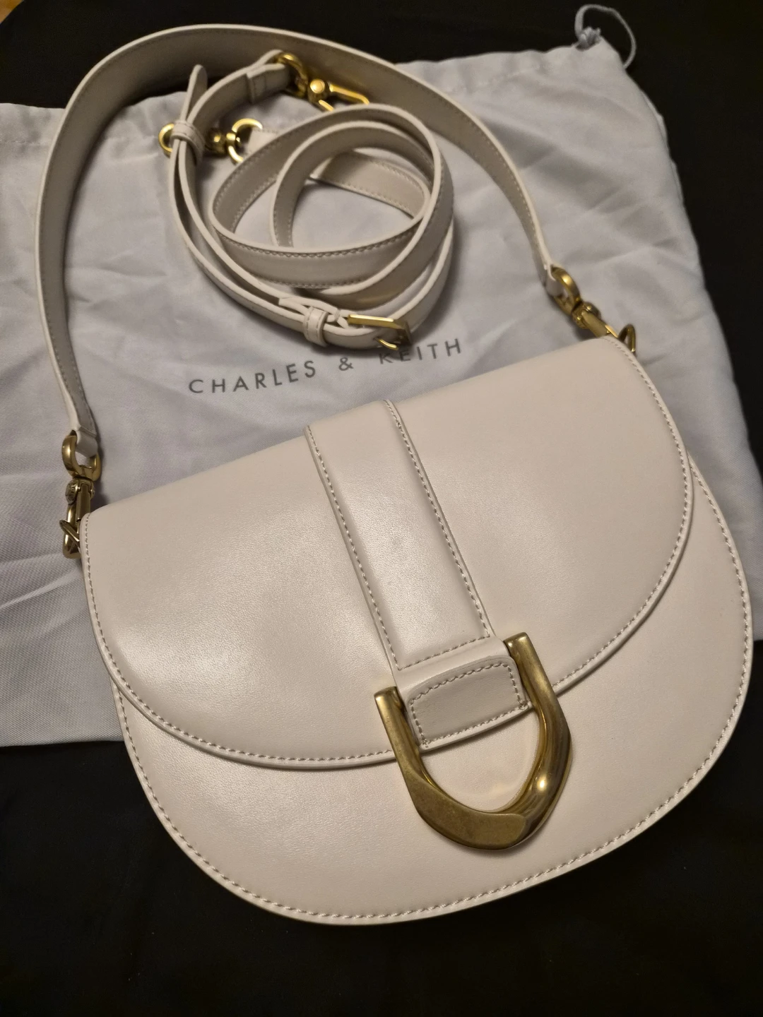 Charles & Keith Cream Gabine Leather Saddle Bag