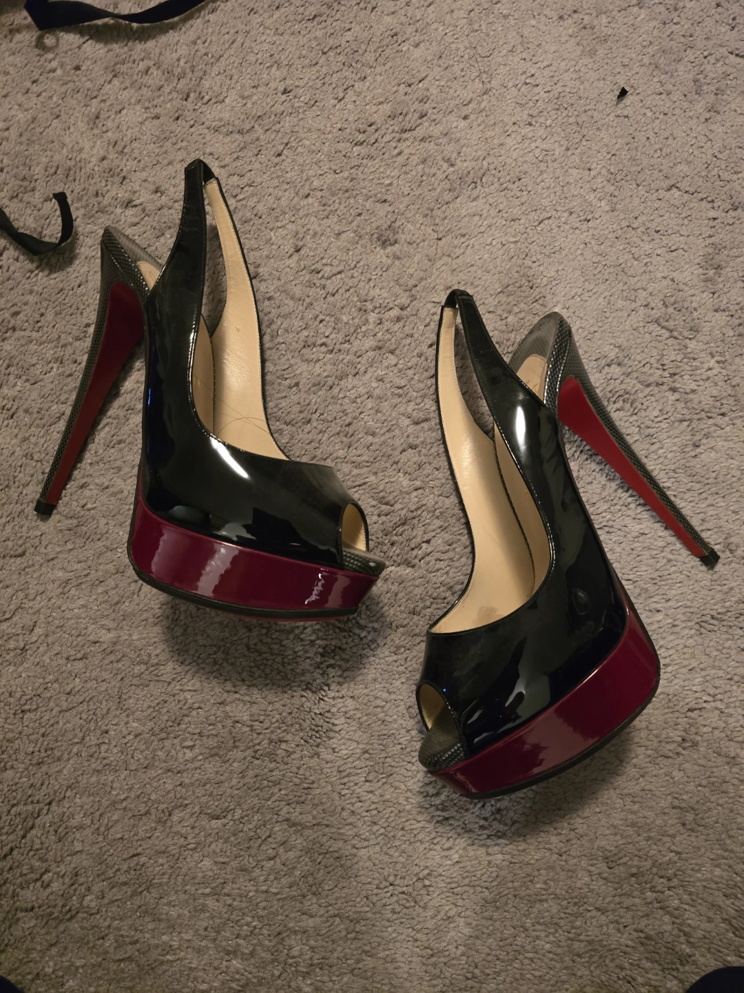 Christian Louboutin Black Patent Peep-Toe Slingbacks Size 39.5