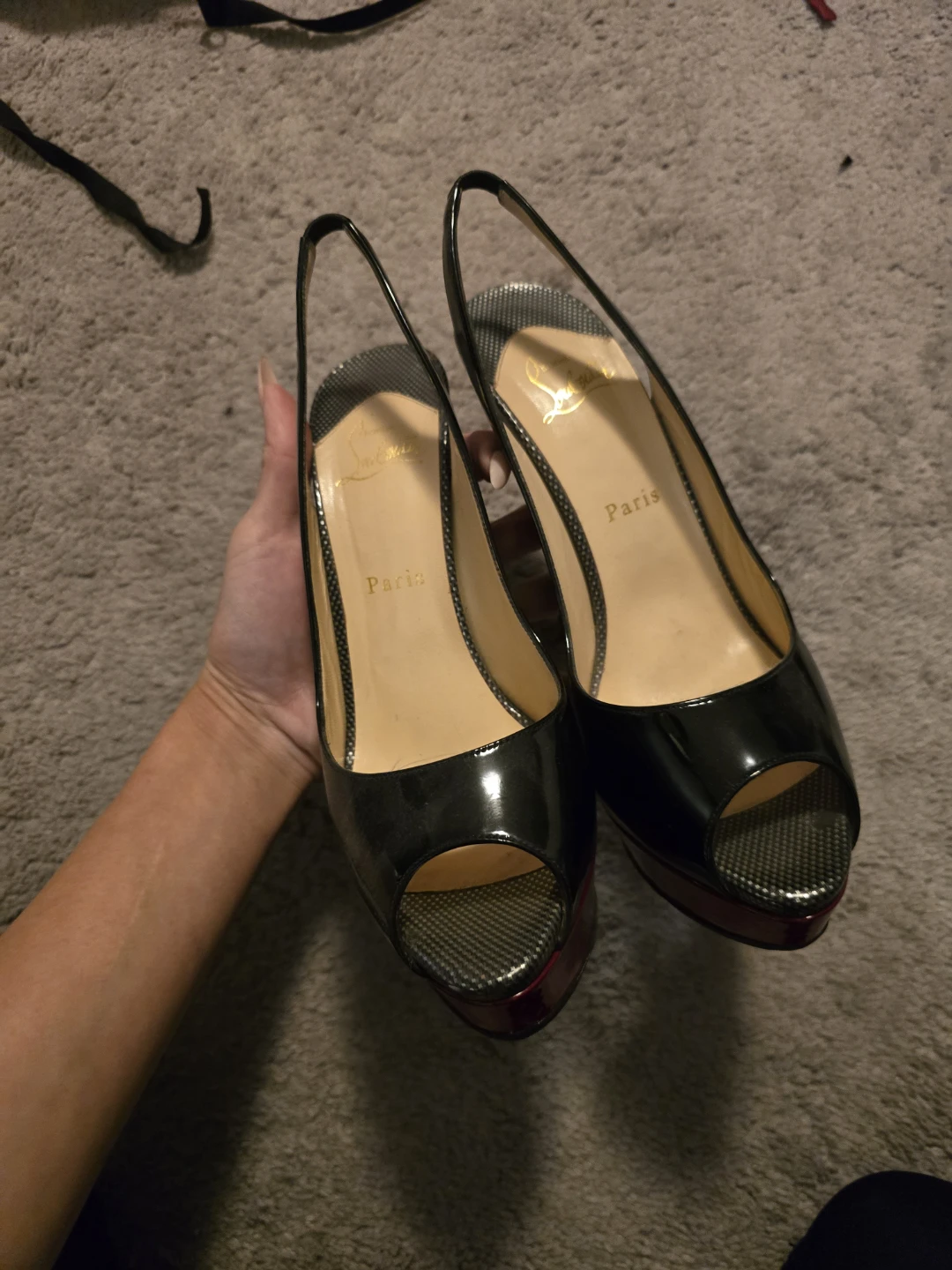 Christian Louboutin Black Patent Peep-Toe Slingbacks Size 39.5 - photo 2