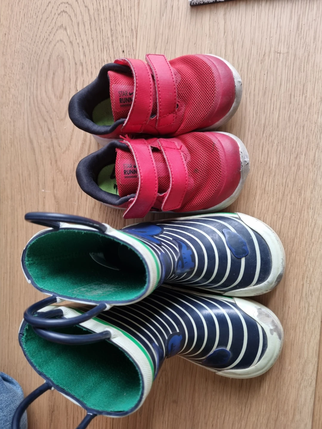 Nike Star Runner Kids Red Shoes and dino rainboots