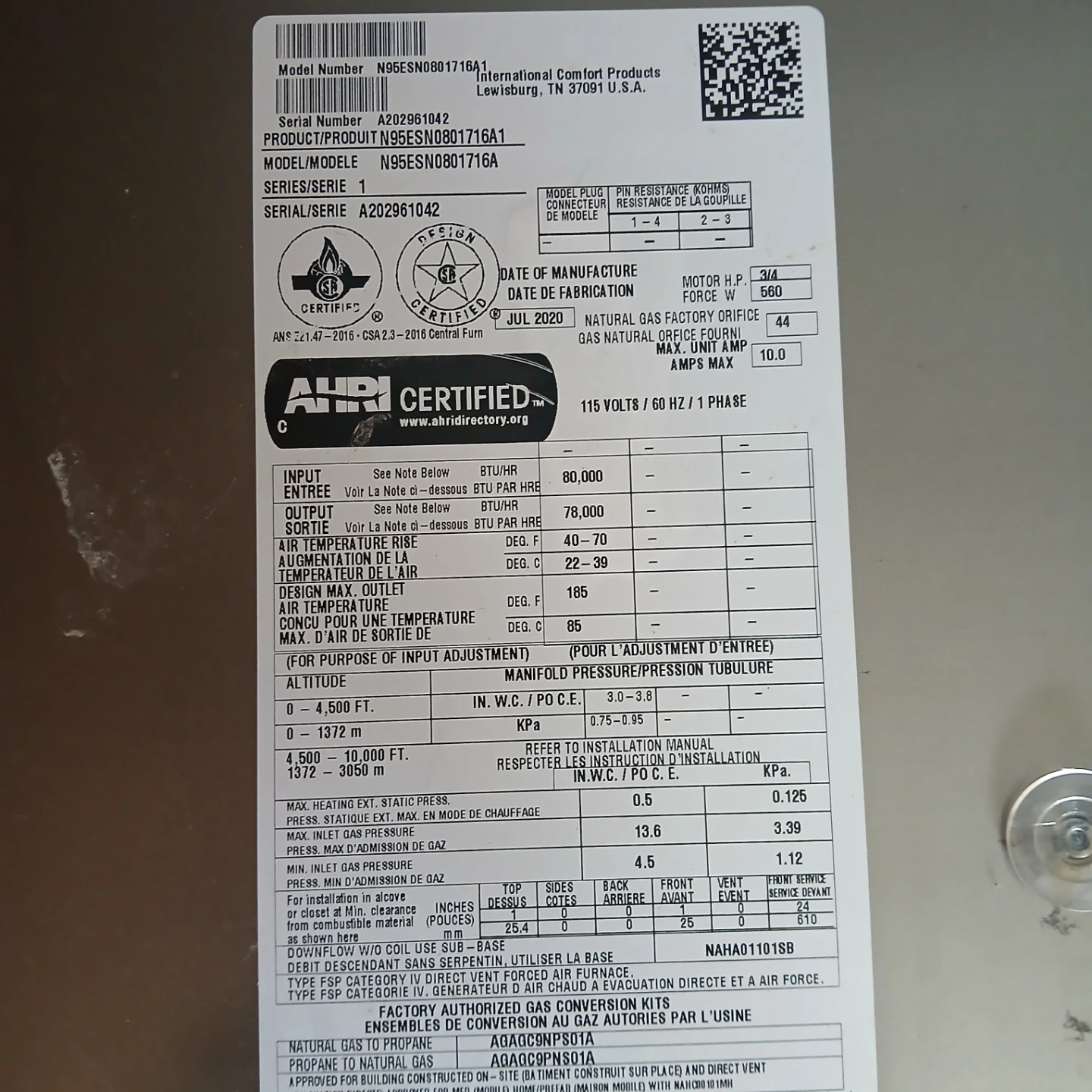 Keeprite N95ESN0801716A Natural Gas Furnace - photo 2