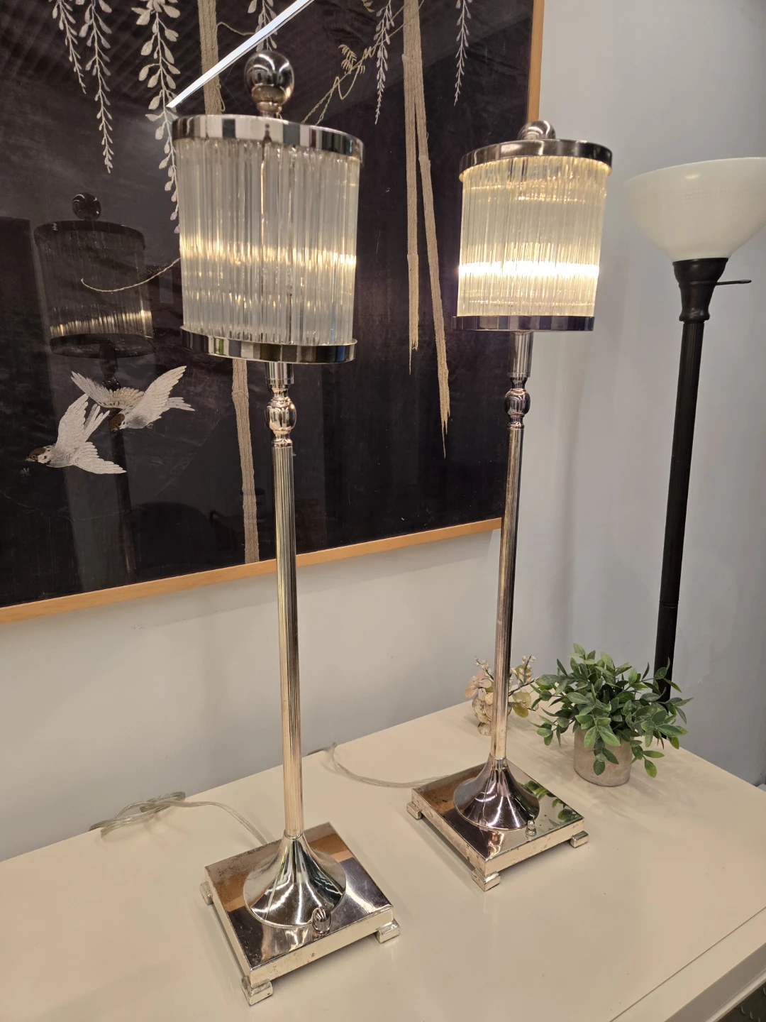 Pair Of Silver Table Lamps With Crystal Shades