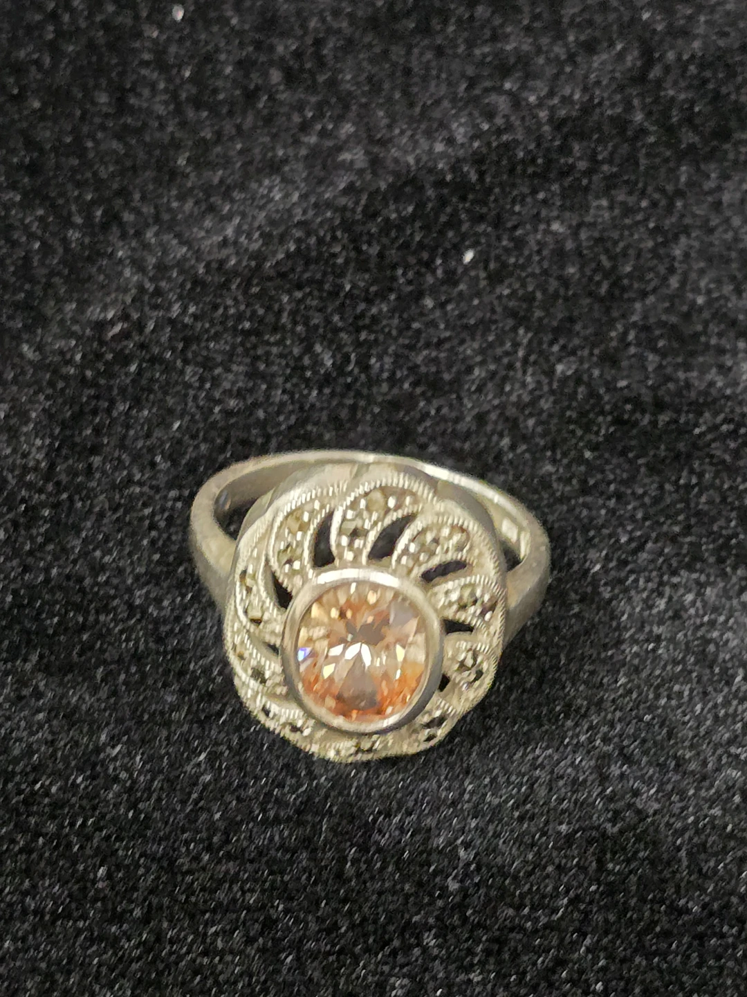 Vintage Sterling Silver-925- Marcasite Ring with Peach Stone - photo 2