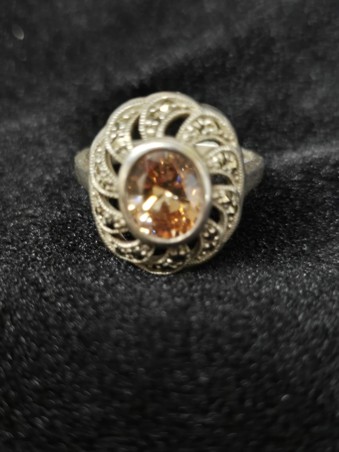 Vintage Sterling Silver-925- Marcasite Ring with Peach Stone - photo 4