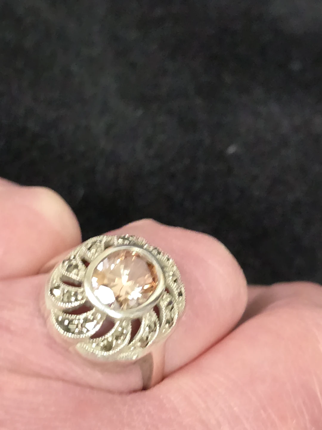 Vintage Sterling Silver-925- Marcasite Ring with Peach Stone - photo 5