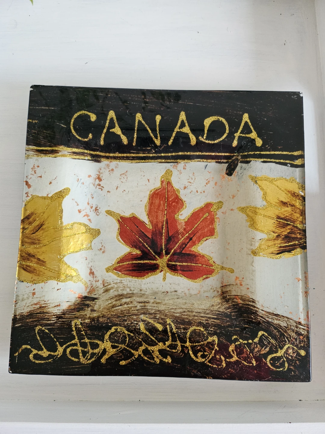 Decorative Glass Square Plate with Maple Leaf Design