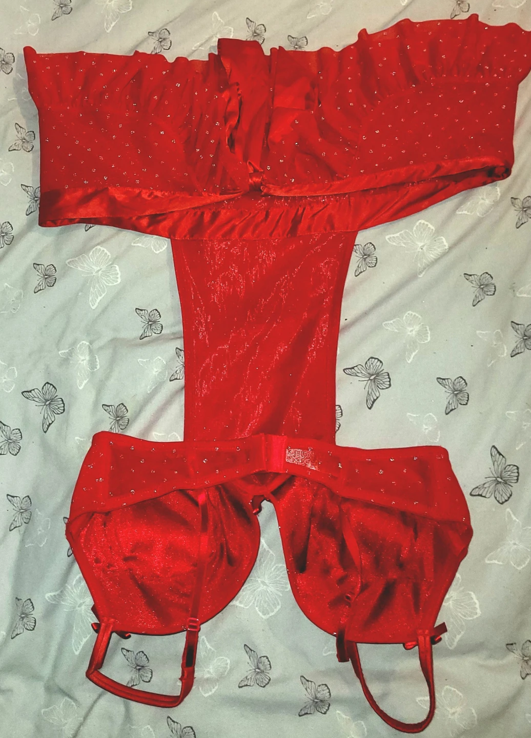 La Senza Lingerie Set Red Sparkle Bra & Garter Belt - L - photo 4