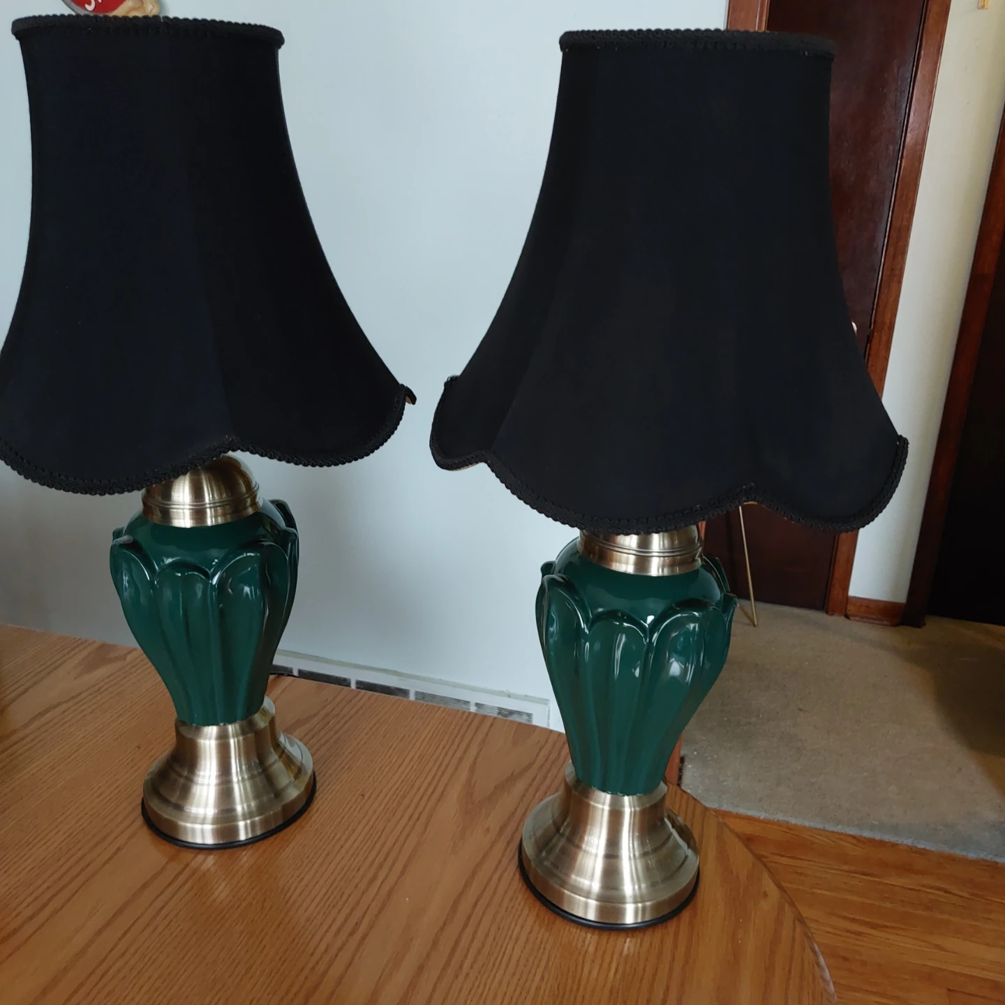 Pair of Green and Brass Table Lamps with Black Shades