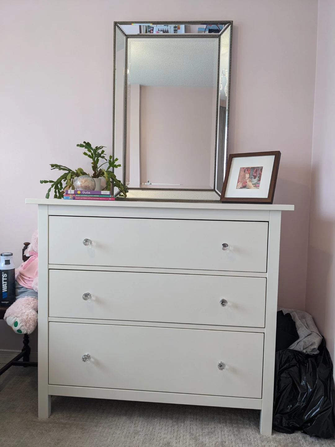 Stunning mirror and White 3-Drawer Dresser with Crystal Knobs